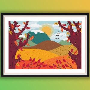 Romantic Autumn Village Watercolor Landscape Counted Cross Stitch PDF Pattern - Harvest Scene Embroidery