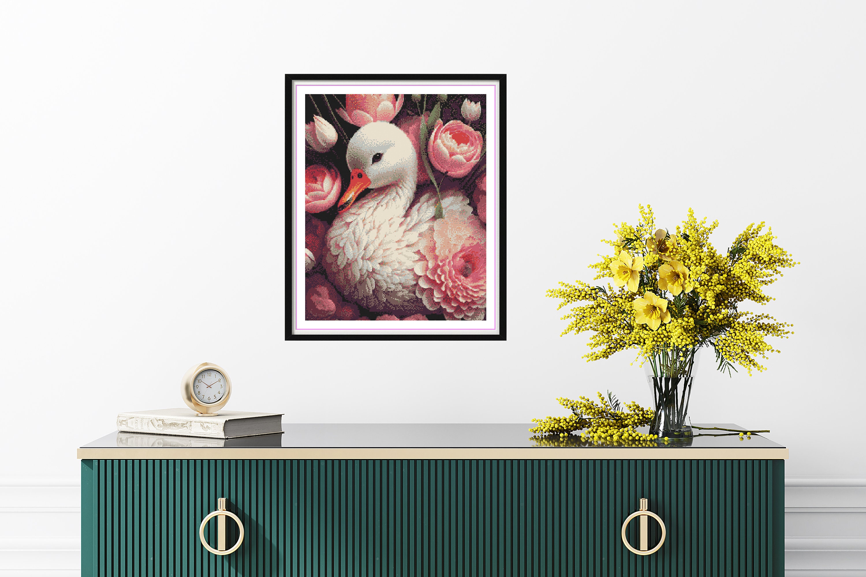 手描きアート作品　アヒルとお花たち 愛らしいアヒルの子と牡丹のモダンな花柄クロスステッチパターン - PDF