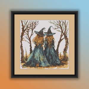 Geteld kruissteek PDF-patroon, aquarel middeleeuwse Halloween-heksen, moderne kruissteekkaart, handborduurwerk