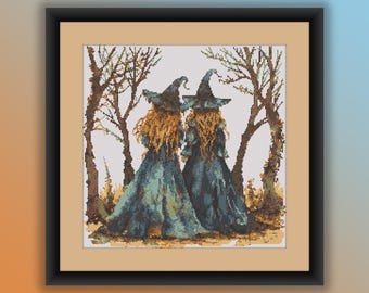 Watercolor Medieval Halloween Witches Counted Cross Stitch PDF Pattern - Modern Embroidery Chart