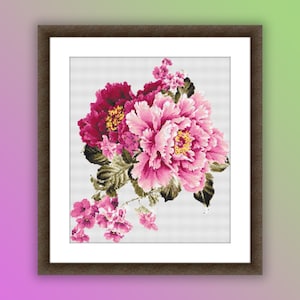 Aquarel bloeiende pioenroos getelde kruissteekpatroon PDF - borduurmotief bloemenborduurwerk