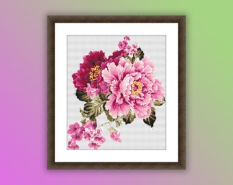 Watercolor Peony Bouquet Counted Cross Stitch Pattern PDF - Floral Embroidery Needlepoint Design