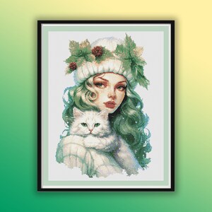 Enchanting Watercolor Christmas Fairy with Cat Cross Stitch Pattern - Floral Fantasy PDF Download