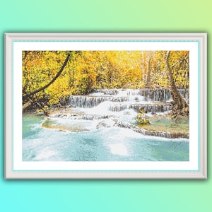 Herfst rivier getelde kruissteek pdf-patroon, watervallandschap, herfst in het nationaal park, herfstboslandschap, herfstlandschap