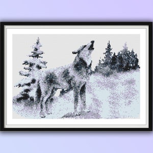 Winter Wolf Cross Stitch Pattern: Watercolor Forest Landscape (PDF Pattern)