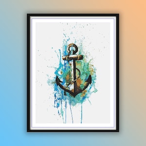 May include: A watercolor painting of an anchor with blue, green, and brown paint splatters. The anchor is in the center of the image and is surrounded by paint splatters.