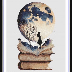 Watercolor Book and Moon Fantasy Counted Cross Stitch PDF Pattern, Fairy Silhoutte On The Moon, Full Moon Landscape, Modern Cross Stitch image 7