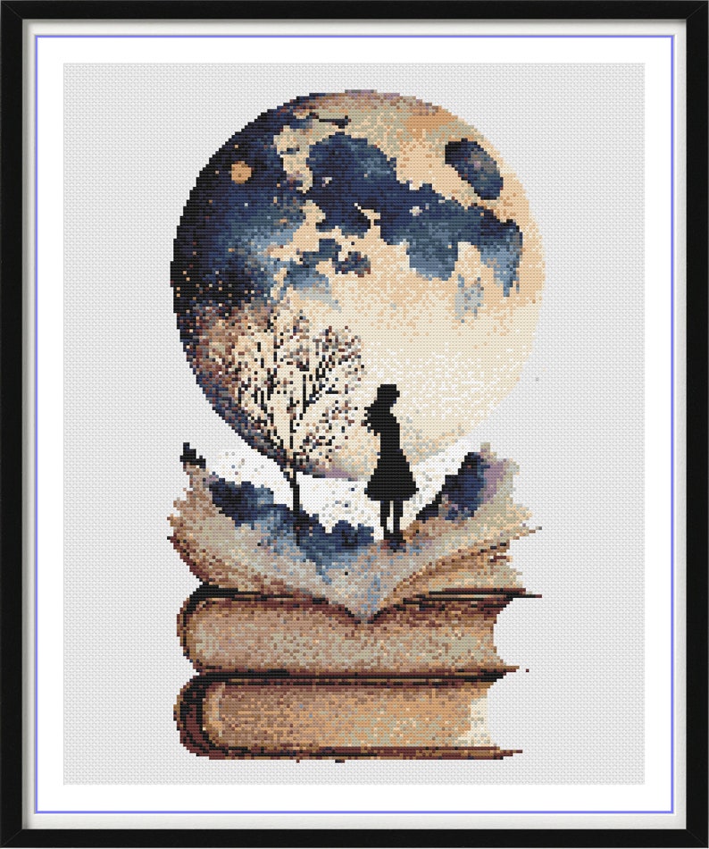 Watercolor Book and Moon Fantasy Counted Cross Stitch PDF Pattern, Fairy Silhoutte On The Moon, Full Moon Landscape, Modern Cross Stitch image 7