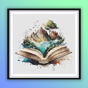 Watercolor Living Books Counted Cross Stitch PDF Pattern, Mountains and Lake Landscape, Green Forest, Books Landscape, Hand Embroidery