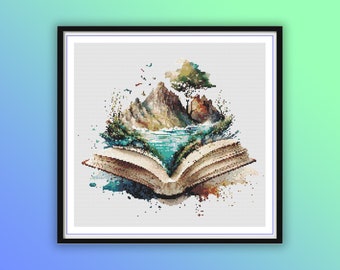 Watercolor Living Books Counted Cross Stitch PDF Pattern, Mountains and Lake Landscape, Green Forest, Books Landscape, Hand Embroidery