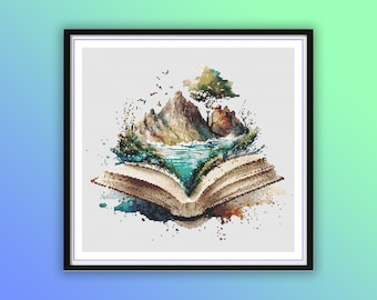 Watercolor Living Books Counted Cross Stitch PDF Pattern, Mountains and Lake Landscape, Green Forest, Books Landscape, Hand Embroidery