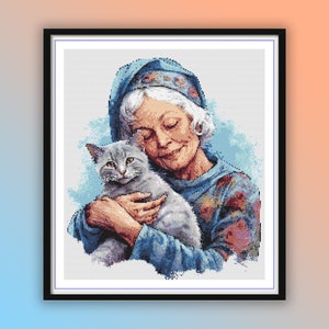 Watercolor Grandma with Cat Cross Stitch Pattern: Modern Embroidery (PDF Pattern)