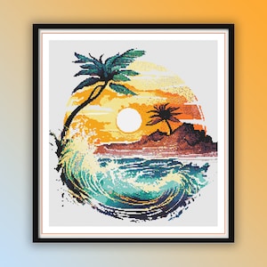 Tropical Beach Sunset Cross Stitch Pattern: Watercolor Island Landscape with Palm Trees PDF