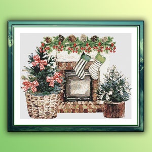 Festive Fireplace Cross Stitch Pattern: Christmas Stockings & Tree PDF - Instant Digital Download