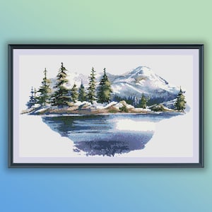 Aquarell See und Wald Kreuzstich PDF Muster, nebelige Berge Landschaft, moderne Kreuzstichvorlage, Handstickerei