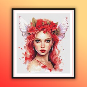 May include: A digital painting of a woman with long red hair and white wings. She is wearing a crown of red flowers. The background is a light gray with watercolor splatters.