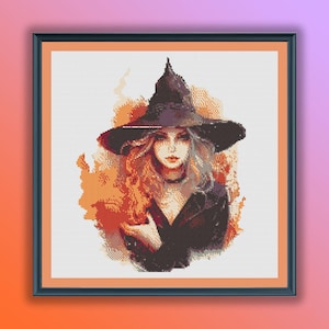 Aquarel Halloween brandheks getelde kruissteek pdf-patroon, moderne kruissteekkaart, handborduurwerk