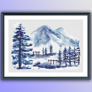 Watercolor Mountains Landscape Counted Cross Stitch PDF Pattern, Pine Trees Cross Stitch Pattern, Instant Download