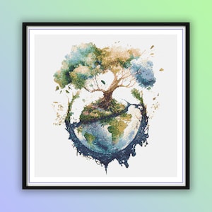 Watercolor Mystical Tree On Earth Counted Cross Stitch PDF Pattern, Four Season Tree, Save The World, Save The Nature, Hand Embroidery