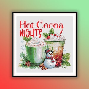 Padrão de Ponto Cruz Natalino Festivo de Chocolate Quente em Aquarela - PDF Digital para Bordados de Fim de Ano