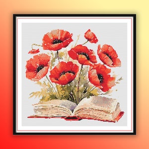 Aquarel vintage bloemenboek getelde kruissteek pdf-patroon, klaproosbloemen, levende boeken, moderne kruissteekkaart, handborduurwerk