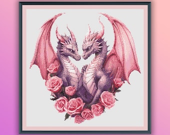 Patrón de punto de cruz "Pareja de dragones en acuarela": Corazón de boda (Patrón PDF)