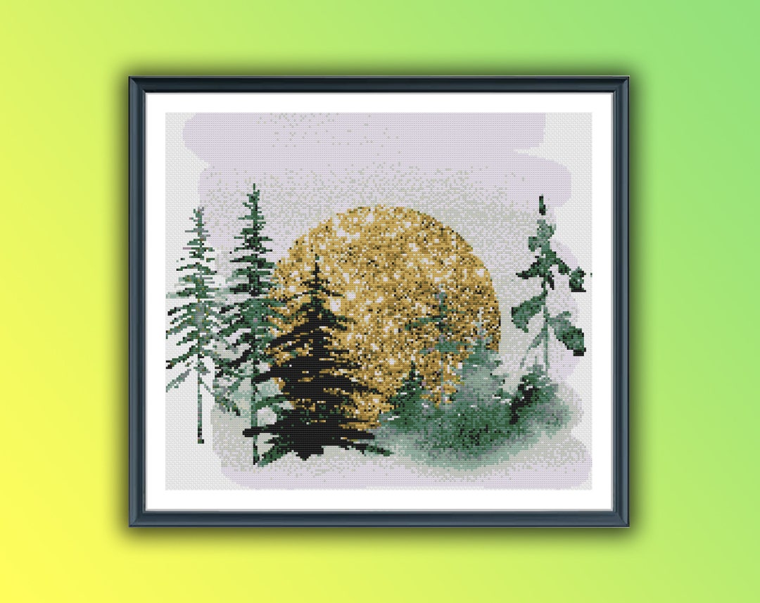 Watercolor Pine Forest and Golden Moon Counted Cross Stitch PDF Pattern ...