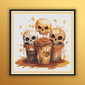 May include: Three coffee cups with dripping brown liquid, topped with three cartoon skulls. The skulls are white with black eye sockets and a black mouth.