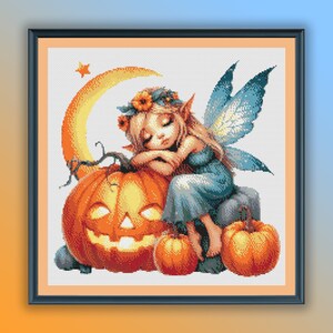 Aquarel slaperige Halloween-fee getelde kruissteek pdf-patroon, Halloween-pompoenen, moderne kruissteekkaart, handborduurwerk