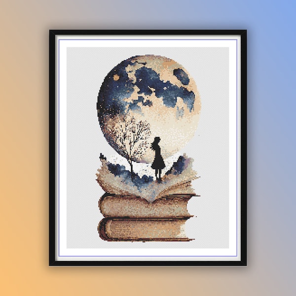 Watercolor Book and Moon Fantasy Counted Cross Stitch PDF Pattern, Fairy Silhoutte On The Moon, Full Moon Landscape, Modern Cross Stitch