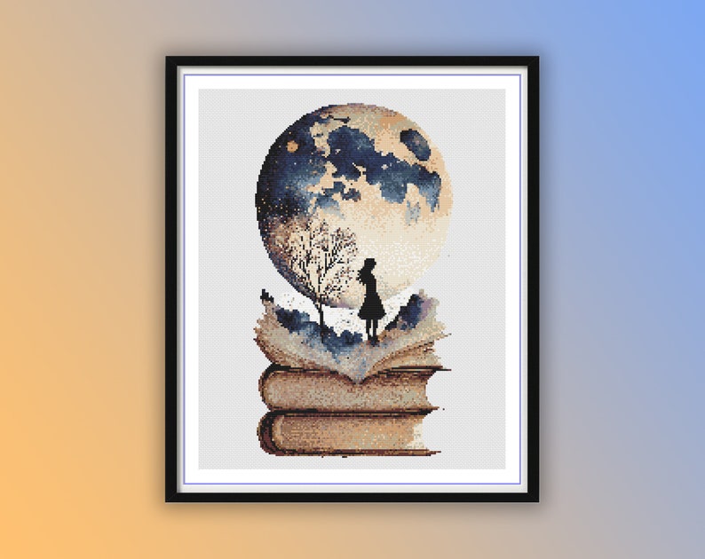 Watercolor Book and Moon Fantasy Counted Cross Stitch PDF Pattern, Fairy Silhoutte On The Moon, Full Moon Landscape, Modern Cross Stitch image 1