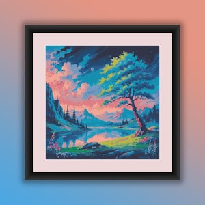 Verzauberter Sonnenuntergang Seeblick Kreuzstich PDF Muster, See und Wald, Berge Landschaft, Handstickerei, moderner Kreuzstich