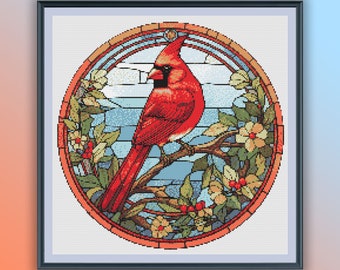 Stained Glass Christmas Cardinal Cross Stitch Pattern - Winter Woodland Birds Embroidery PDF