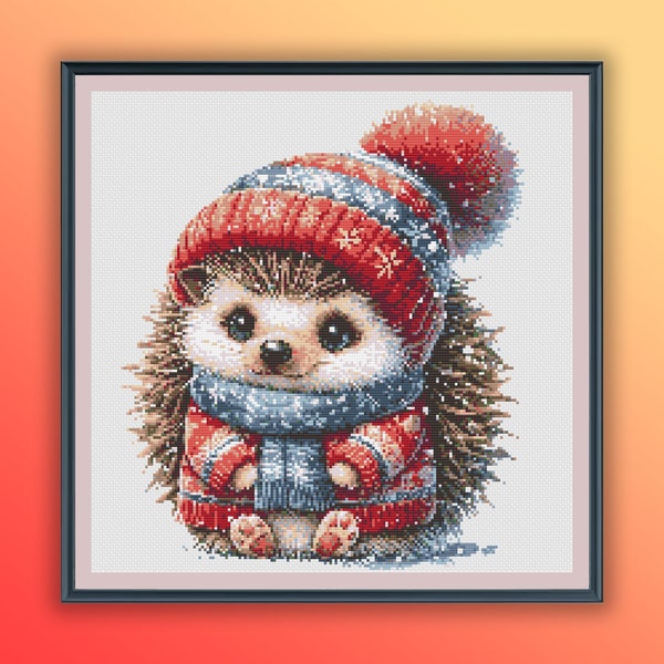 Watercolor Baby Christmas Hedgehog Counted Cross Stitch PDF Pattern, Christmas Animals, Winter Woodland Animals, Hand Embroidery