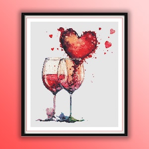 Romance Bourgogne, Verre à vin aquarelle - Broderie au point de croix PDF | Rose rouge | Pattern Keeper