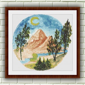 Aquarel bergen landschap pdf getelde kruissteekpatroon, zomer landschap kruissteekkaart, lente bos pdf, vier seizoenen