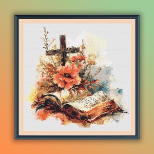 May include: A cross with a wooden finish is surrounded by red and orange flowers and green leaves. An open book with aged pages lies beneath the cross. The background is a watercolor wash of light blue and yellow.