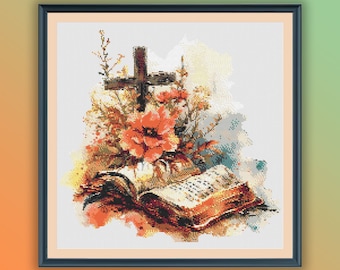 May include: A cross with a wooden finish is surrounded by red and orange flowers and green leaves. An open book with aged pages lies beneath the cross. The background is a watercolor wash of light blue and yellow.