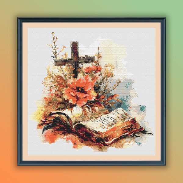 Watercolor Floral The Holy Bible Counted Cross Stitch PDF Pattern, Floral Christian Cross, Religious Hand Embroidery, Modern Cross Stitch