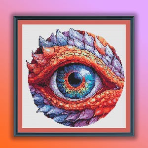 Op de afbeelding: Een close-up van een kleurrijk, gedetailleerd oog met een schubbig, getextureerd ooglid. Het oog is blauw, groen en geel, met een zwarte pupil. Het ooglid is rood, oranje en paars.