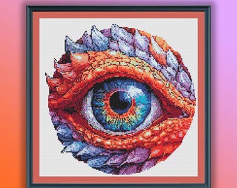 Stained Glass Dragon Eye Cross Stitch Pattern: Modern Embroidery PDF Chart for Hand Stitching