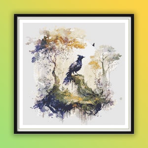 Aquarel raaf in betoverd bos getelde kruissteek pdf-patroon, herfstbos, boslandschap, handborduurwerk, naaldpunt