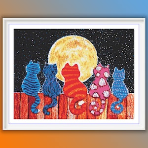 Midnight Cats Full Moon Cross Stitch Pattern - Hand Painted PDF, Modern Embroidery, Instant Download