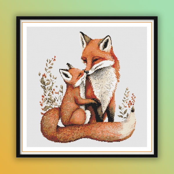 Watercolor Mother and Baby Fox Counted PDF Cross Stitch Pattern, Mother's Day Cute Animals, Jungle Animals, Modern Cross Stitch