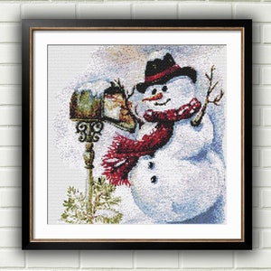 Aquarell Weihnachten Schneemann Kreuzstich PDF Muster, Winterlandschaft, Schneelandschaft, Winter Wald, Handstickerei, Nadelspitze