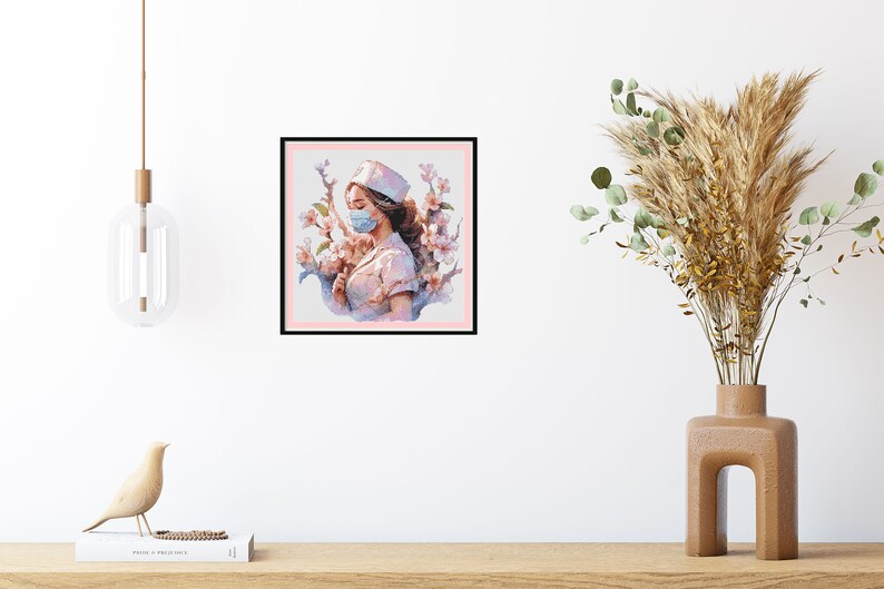 May include: A digital painting of a woman wearing a white nurse's uniform and a blue face mask. She is surrounded by pink flowers and has a gentle expression on her face.
