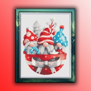 Schema PDF per punto croce contato Gnomi di Natale, Punto croce Buon Natale, Albero di Natale, Gnomo di Babbo Natale