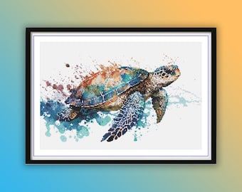 Watercolor Sea Turtle Counted Cross Stitch Pattern: Marine Life Embroidery Chart for Ocean Lovers