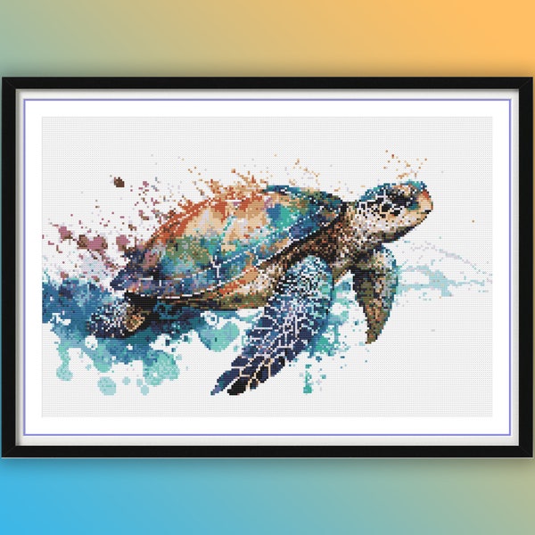 Watercolor Sea Turtle Counted Cross Stitch Pattern, Marine Cross Stitch, Underwater Life, Sea Treasures, Caretta Caretta, Hand Embroidery