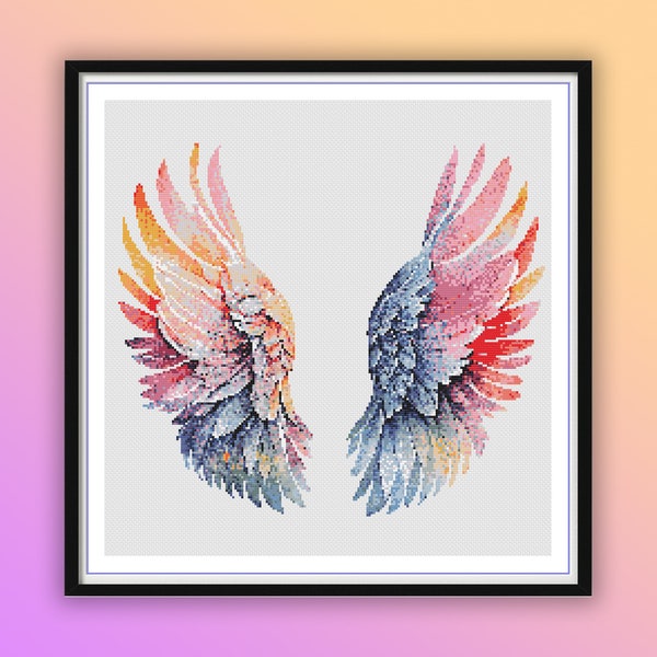 Watercolor Angel Wings Counted Cross Stitch PDF Pattern, Religious Hand Embroidery, Instant Download Modern Cross Stitch PDF Chart